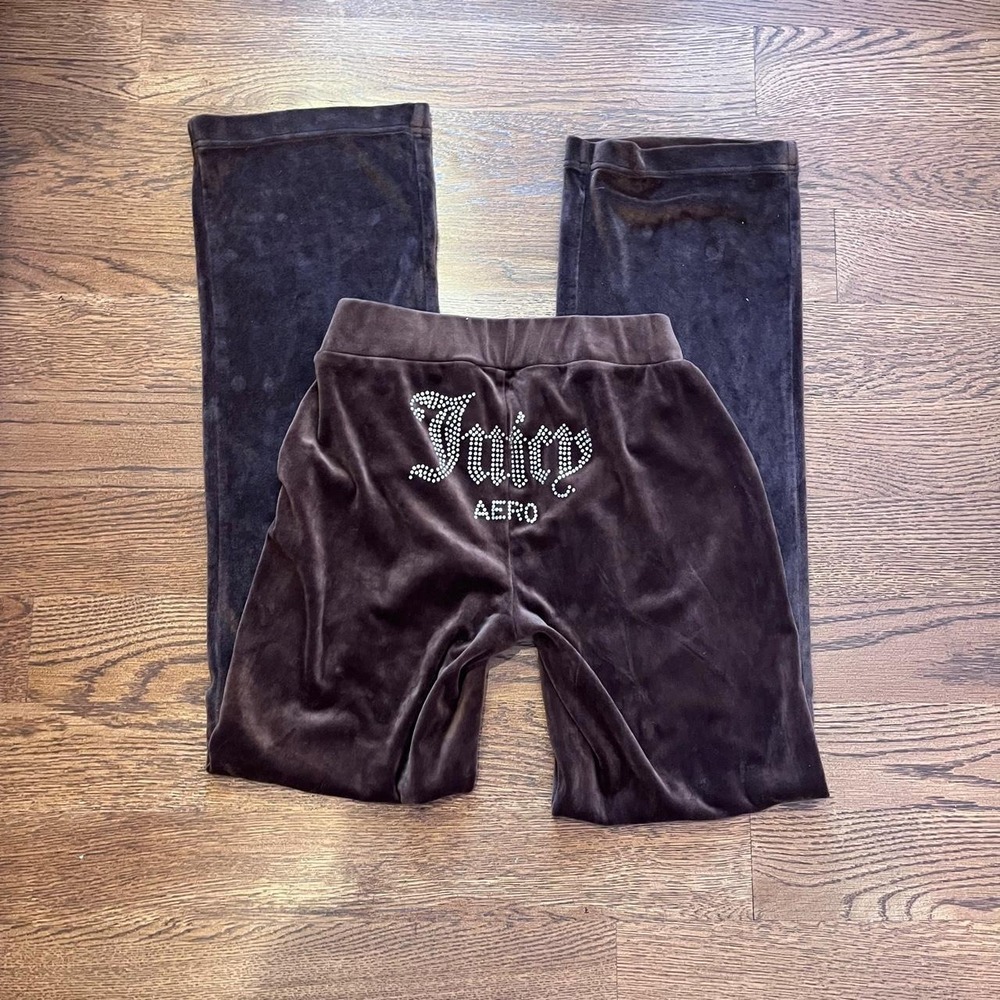 Y2K Juicy Couture x Aeropostale Dark Brown Velour  Rhinestone Wideleg Pants XS